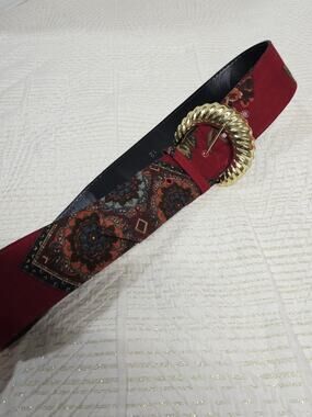 Vtg 80's Red Floral Tapestry Belt Sz 12 Wide Gold Buckle Cinch Bohemian Style